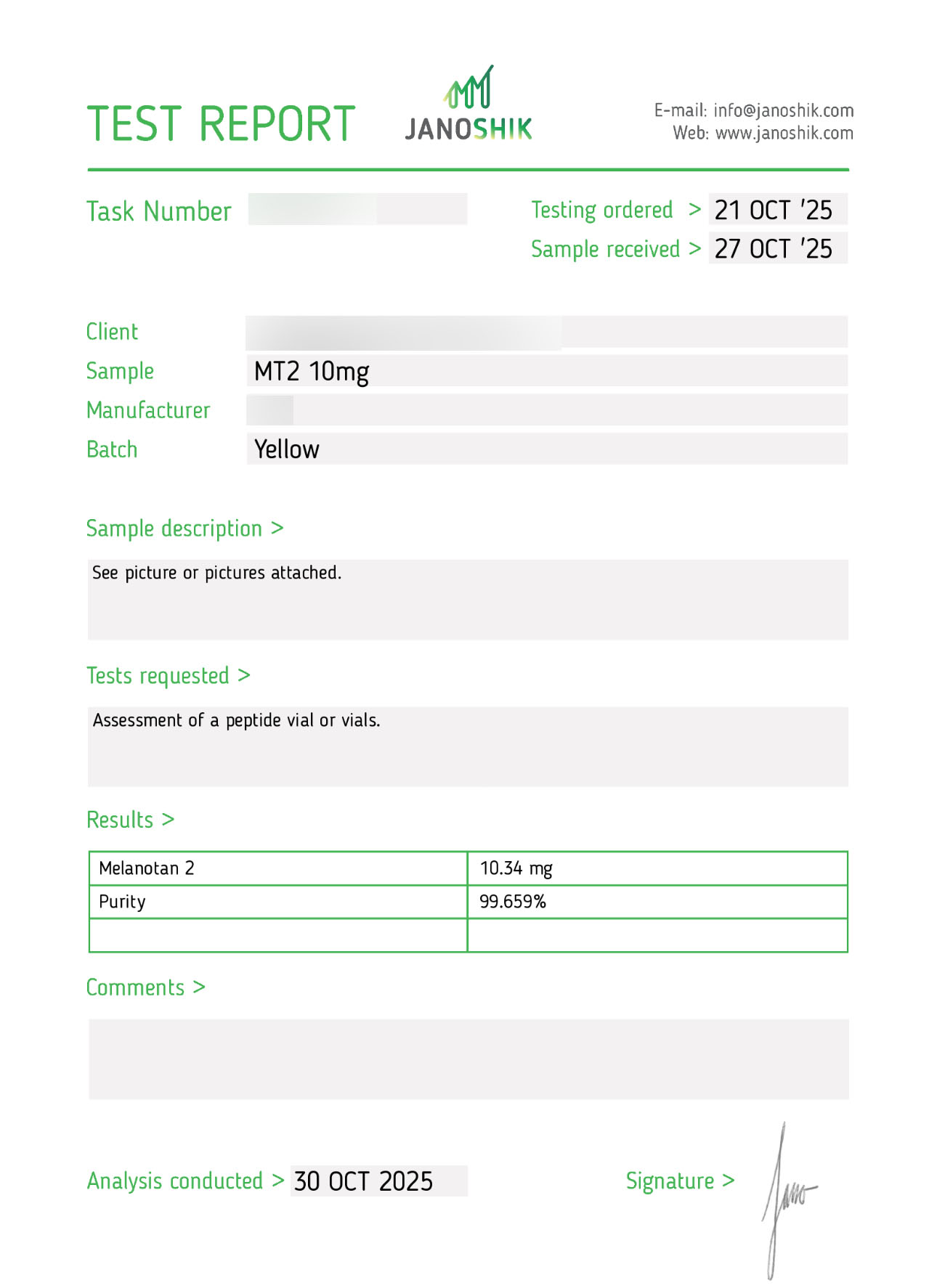 Melanotan 2 Certificate of Analysis